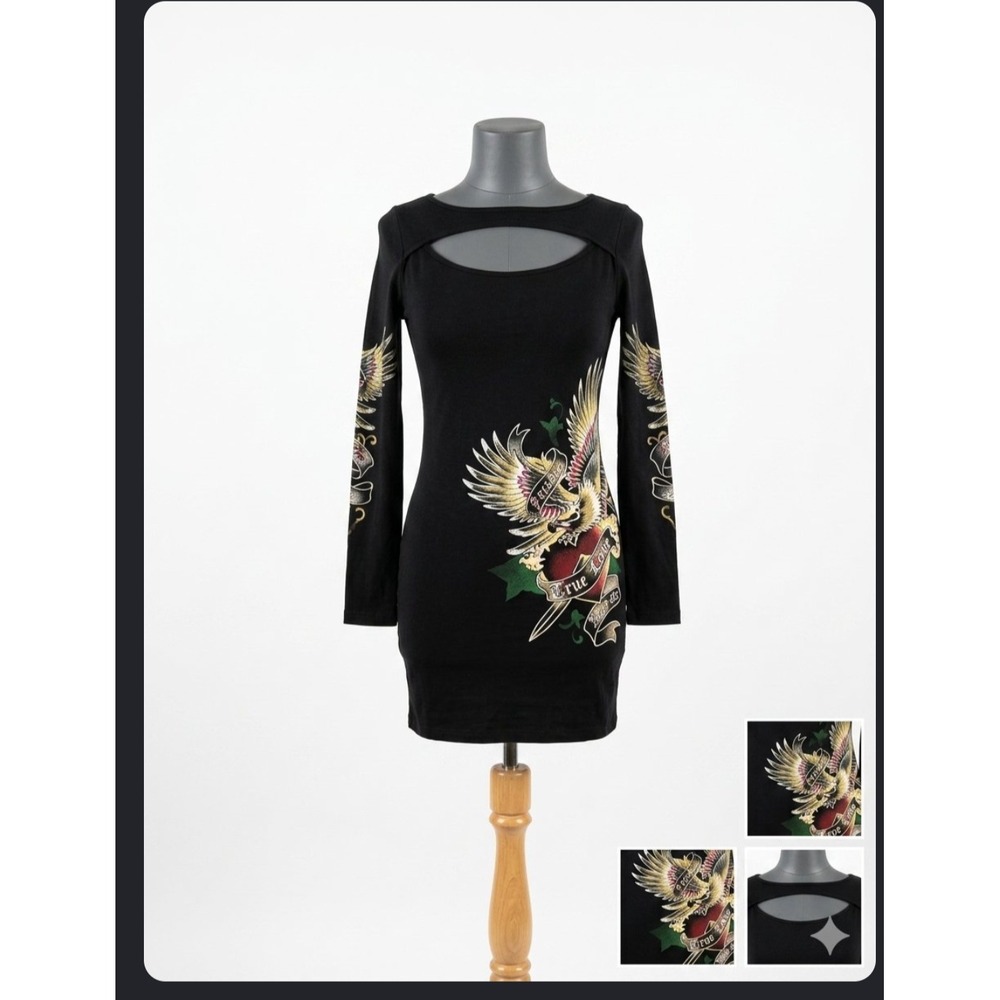 VTG‎ Y2K Tattoo Graphic Bodycon Mini Dress Black Long Sleeve Cutout Eagle Heart